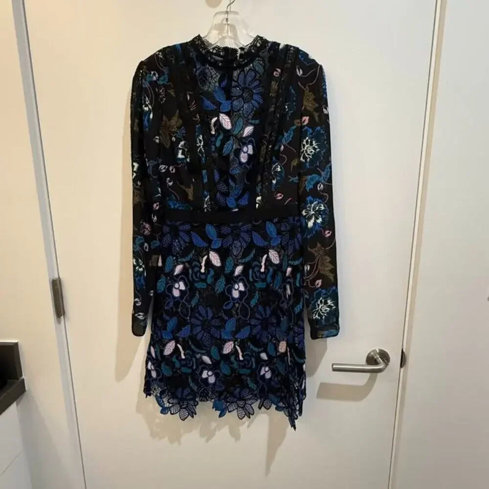Self-Portrait Black Blue Floral Lace Long Sleeve Cocktail Mini Dress Size 6 - Picture 5 of 14